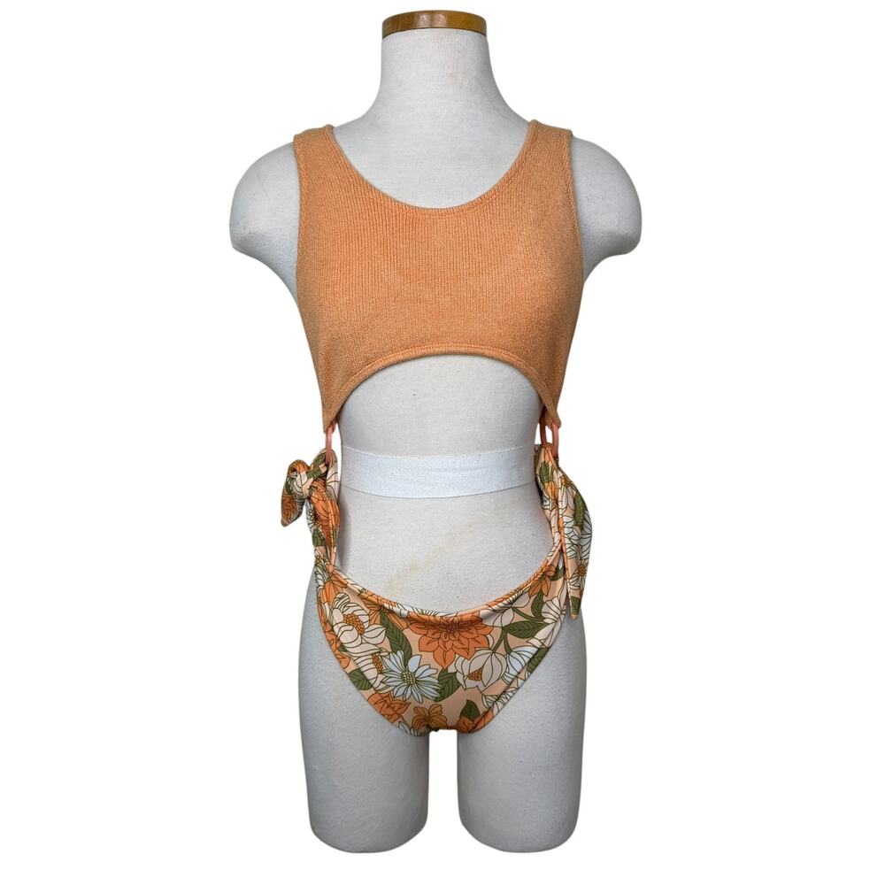 Tacoola Swimsuit One Piece Bikini Convertible Orange Floral Cutout Retro S/M